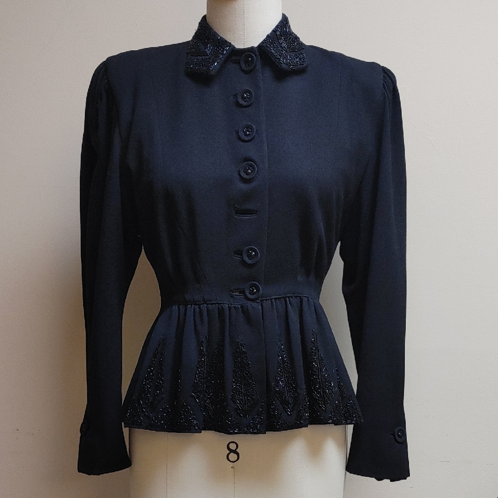 1940s Black Virgin Wool Beaded Peplum Jacket Size 4P